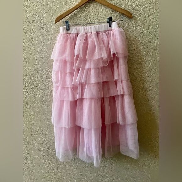 Ruffled Tiered Mesh Midi Skirt Sz Medium Pink Fairy Coquette Balletcore NWOT - Picture 2 of 7
